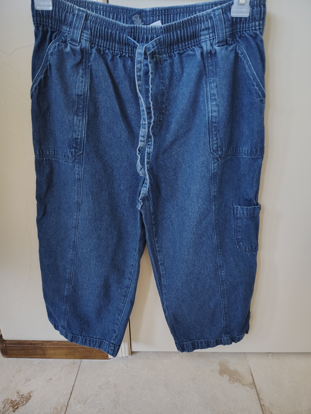 Karen Scott Women's Blue Denim Cargo Bermuda Shorts S 100% Cotton Drawstring
